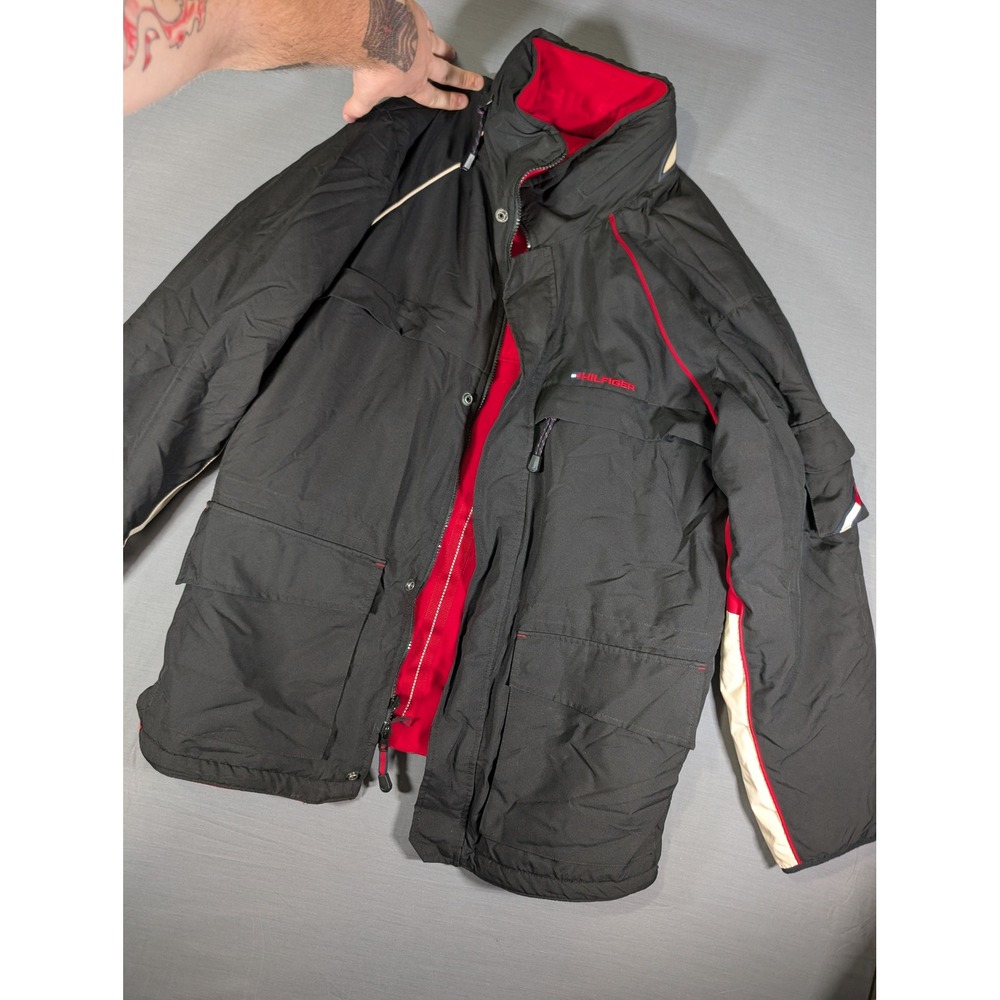 Tommy Hilfiger Reversible Fleece Jacket Red Black Hooded Mens Large Vintage - Picture 3 of 14